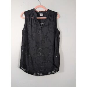 Cabi Size Medium Black Sheer Embroidered Floral 1/4 Button Blouse